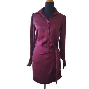 Bobi Black Button Down Side Tie Collar Shirt Mini Satin Long Sleeve Dress XS